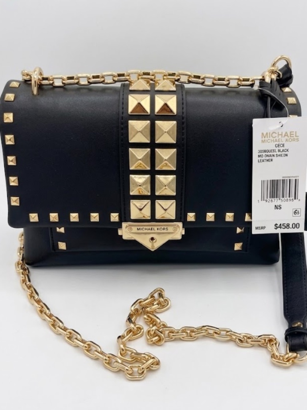 NWT Michael Kors Cece Studded Leather Gold Chain Shoulder Bag Black